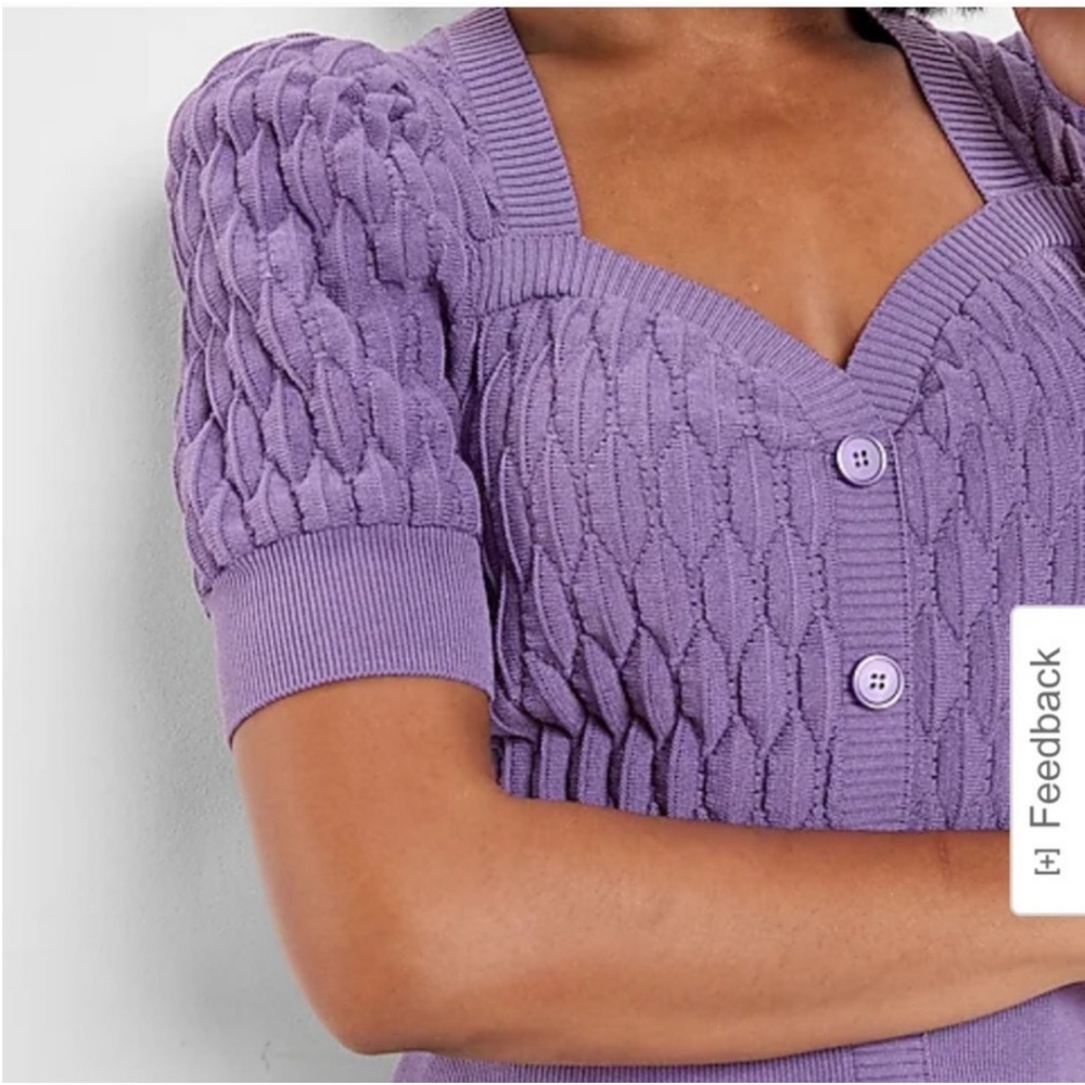 Express Lilac Cable Knit Puff-Sleeve Button Cardigan